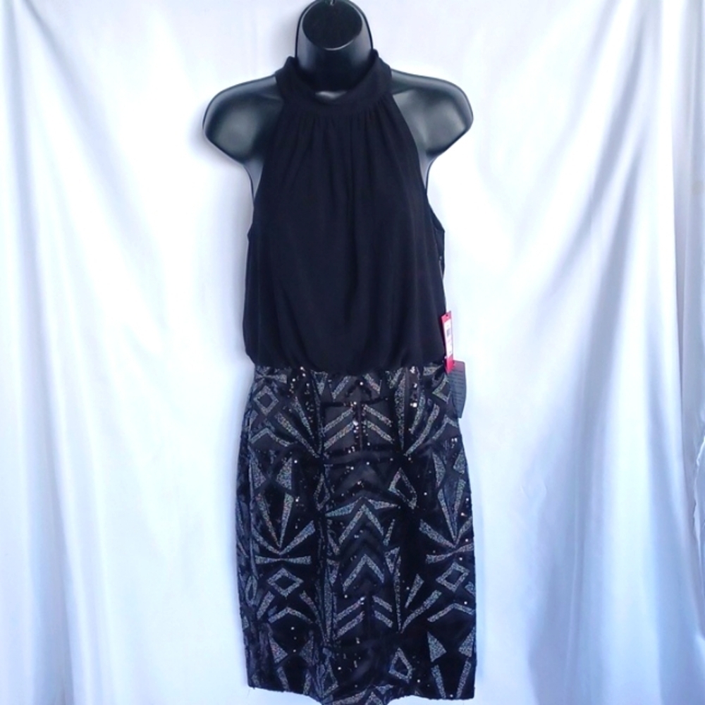 Vince Camuto Black Halter Sequin Dress, Sz 6, 19" PTP, 38L